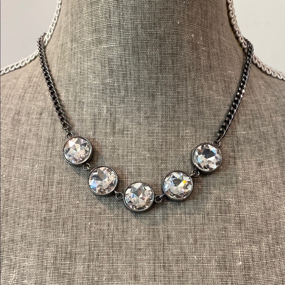 Gunmetal Crystal Statement Necklace Chunky Round Rhinestone Collar 19” Glam